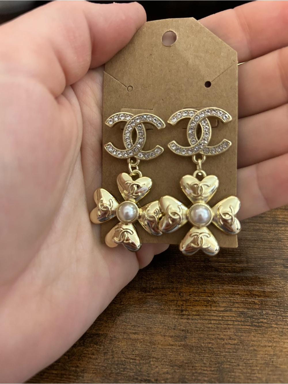 Gold Crystal Drop Earrings with Pearl Flower